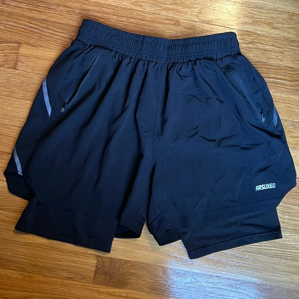 Arsuxeo Mens 2 in 1 Black Running Shorts size XL - Picture 1 of 5